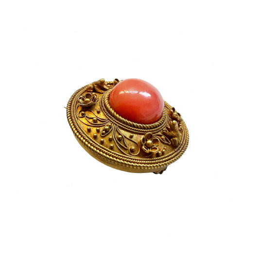 Victorian Coral Etruscan Revival Brooch By Casalta Circa 1860