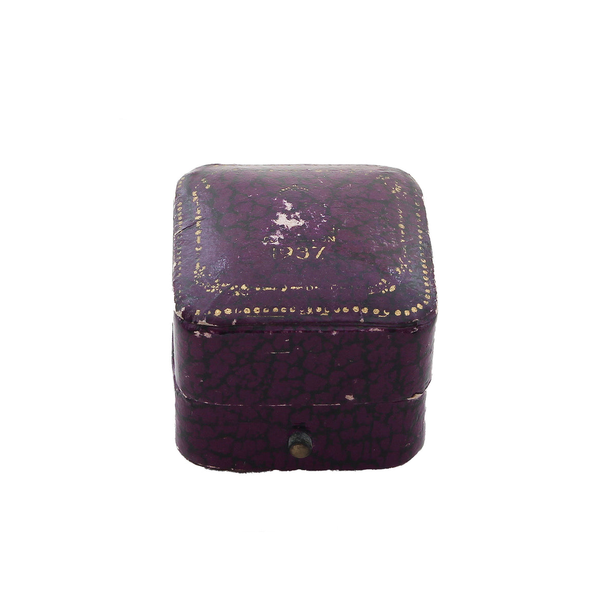 Small purple ring box with hinge and date of 1937