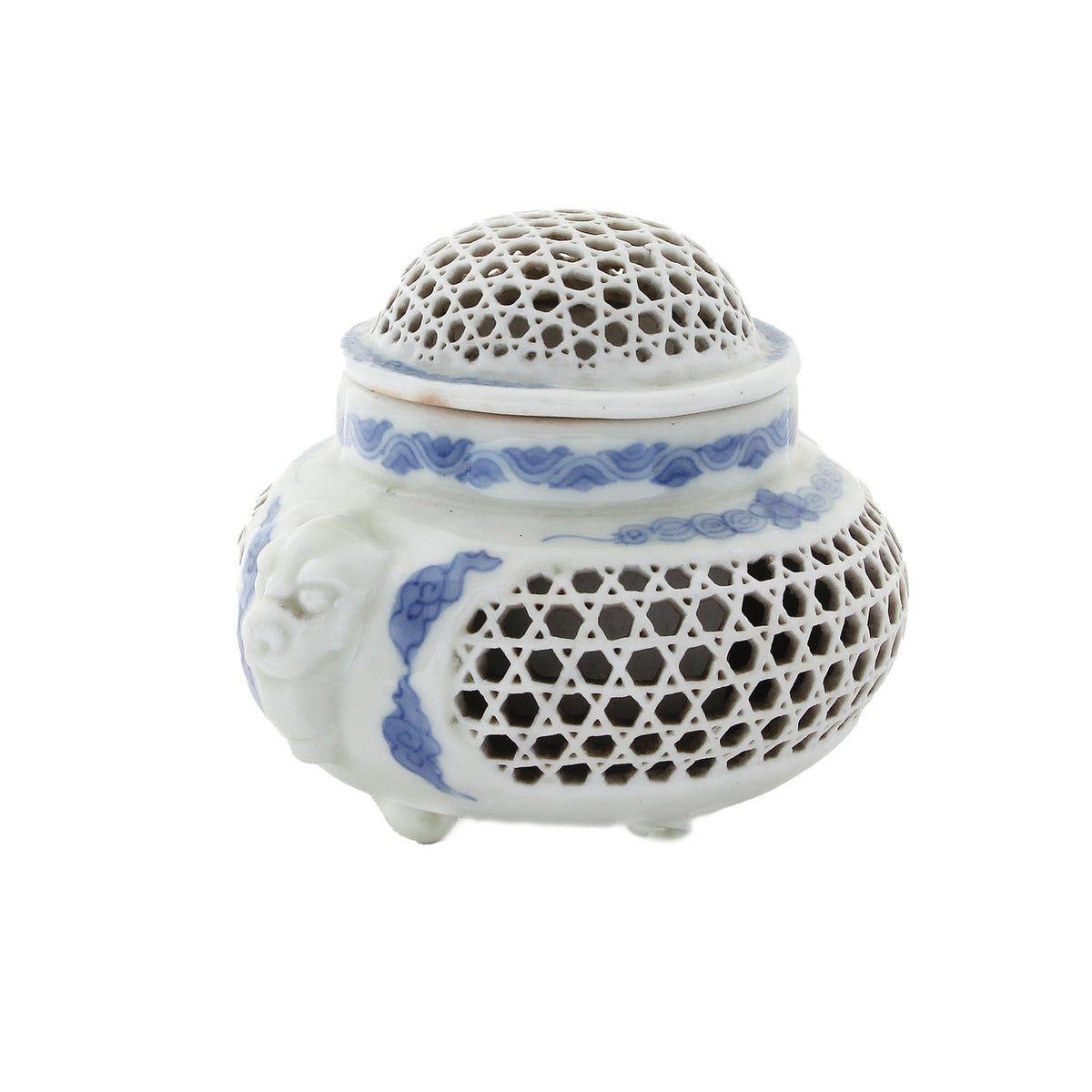 blue and white pierced incense burner top and base