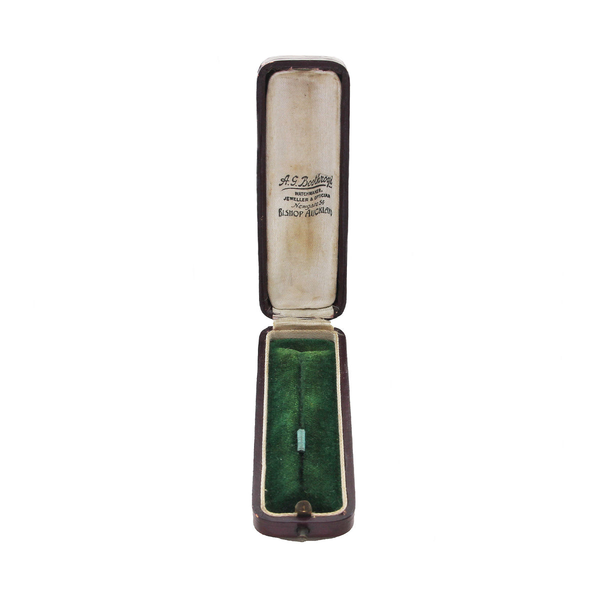 Open case with green interior and visible branding on a white background