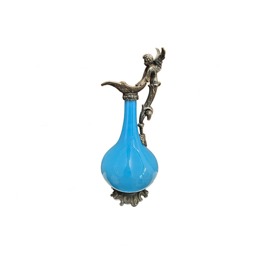 antique ewer blue glass with cherub detail