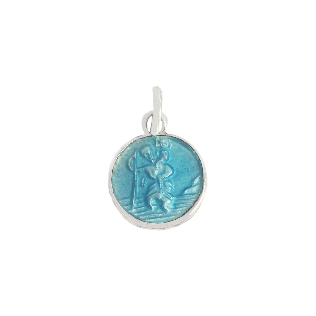 Blue pendant with intricate design on a white background