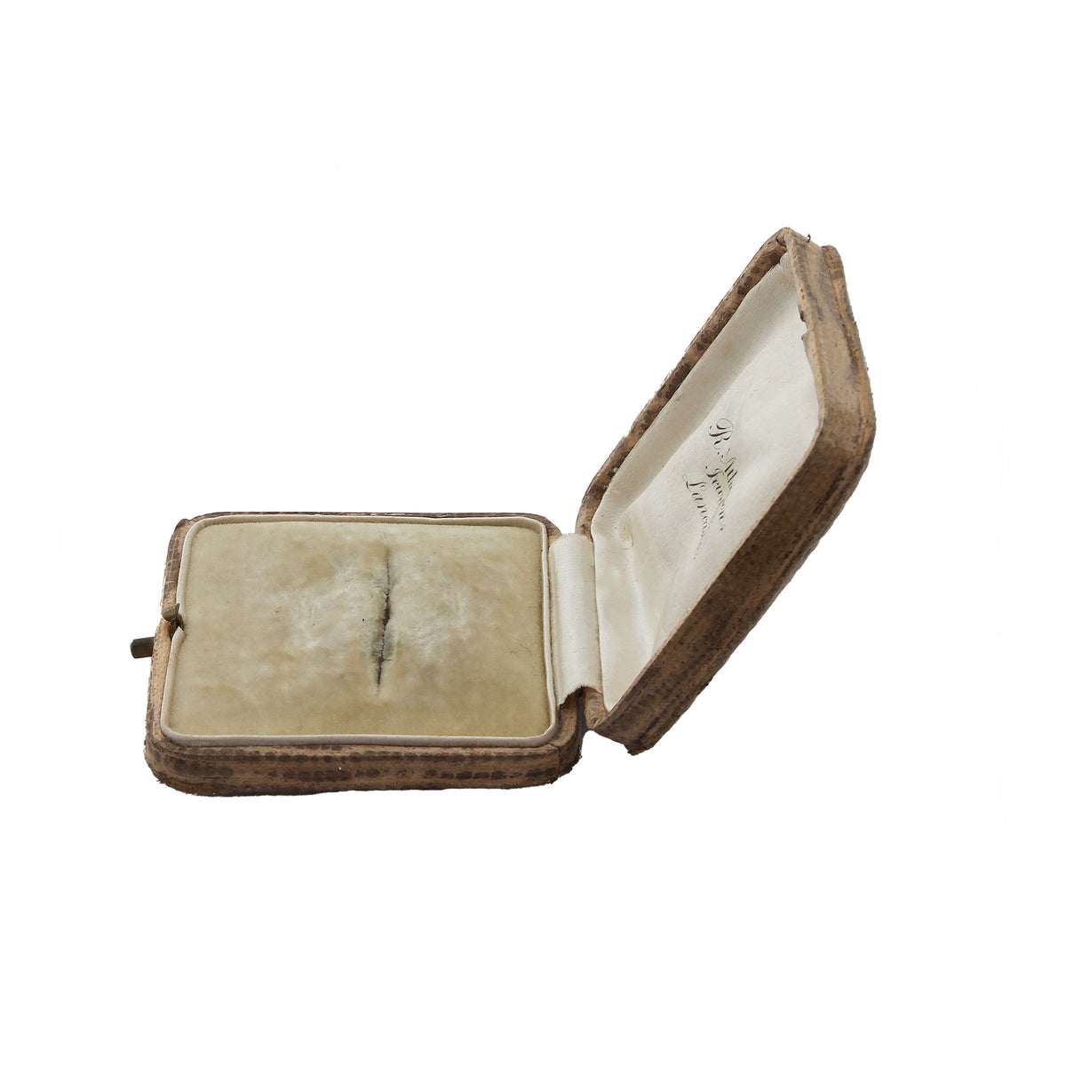 Open brown jewelry box with a ring inside on a white background