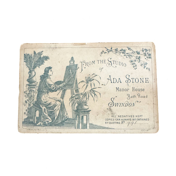 victorian card for Ada Stone's studio with an illustration of a woman painting.