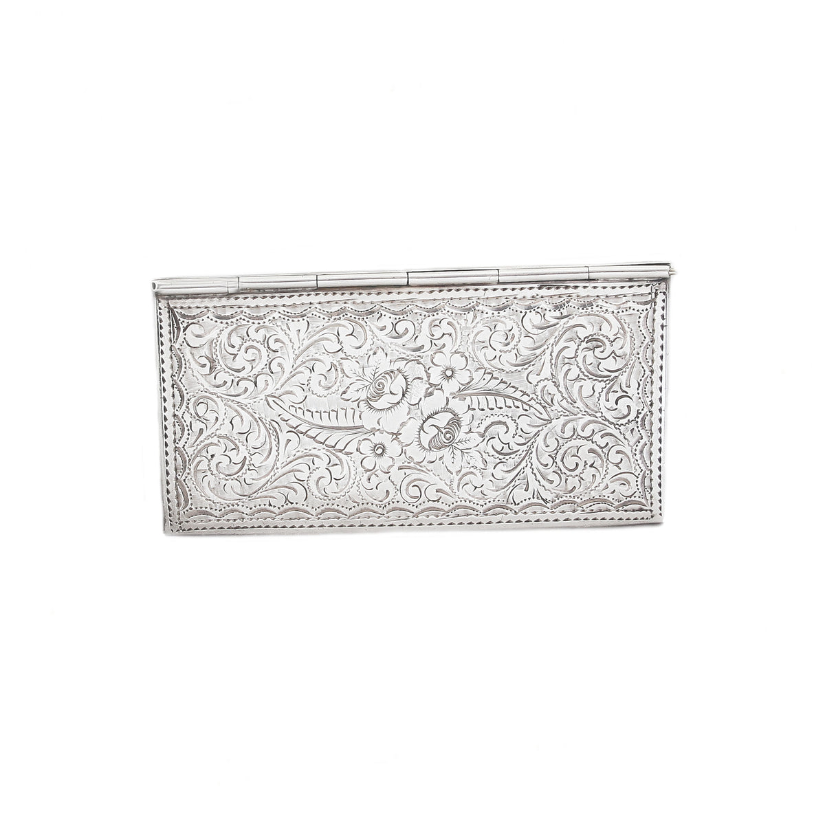 Decorative silver card holder on a white background