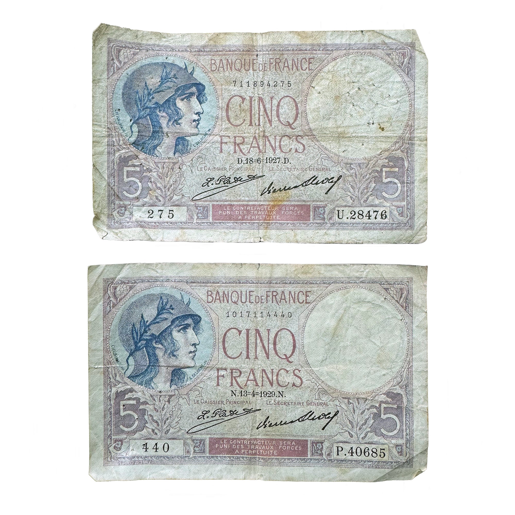 French bank notes with creases 