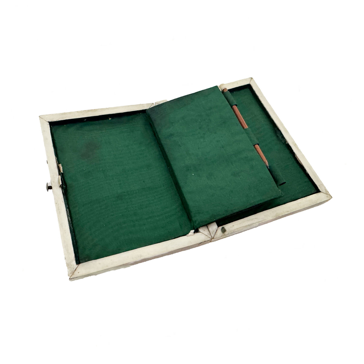 Green display case with a white border on a white background