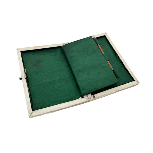 Green display case with a white border on a white background