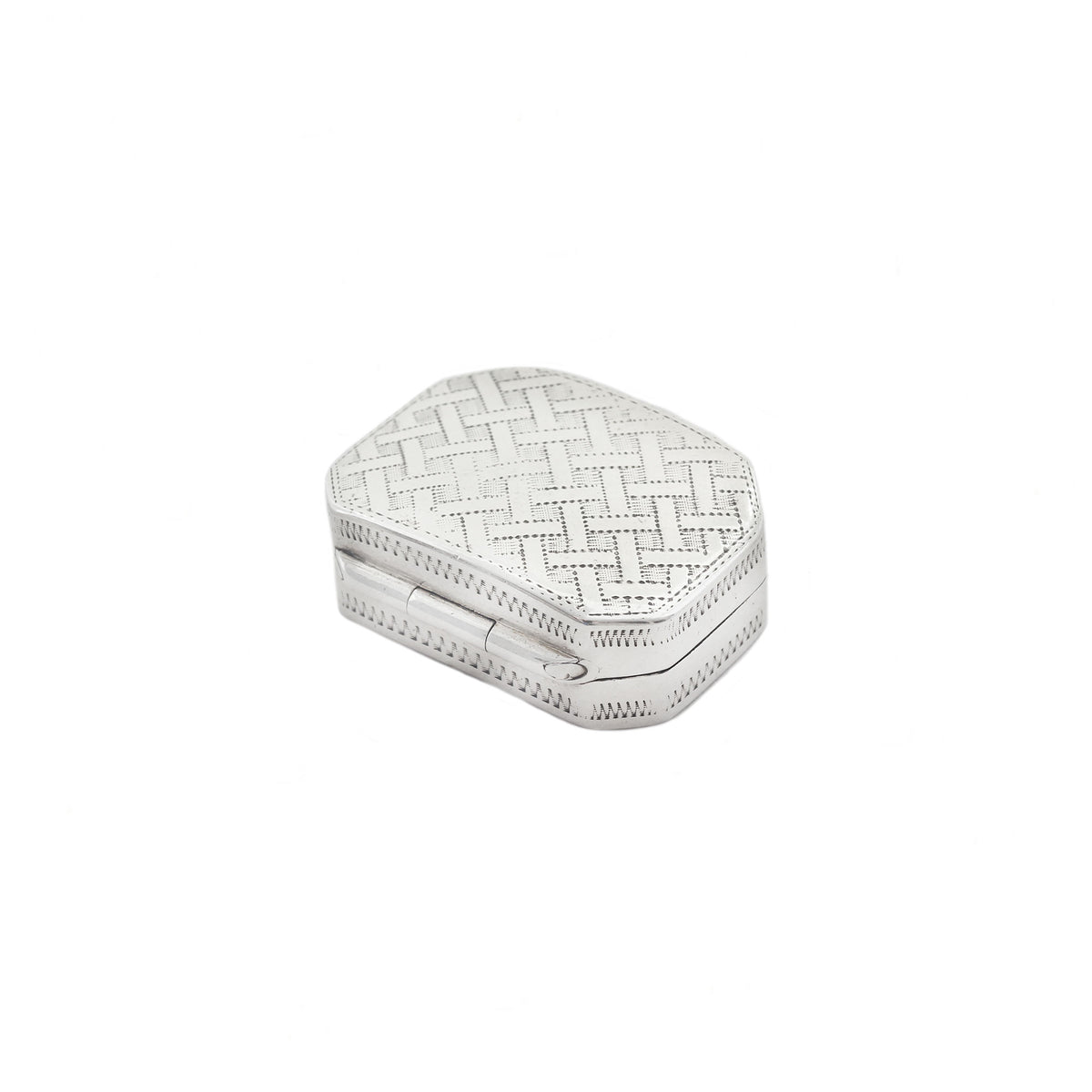 Hexagonal silver box with a herringbone pattern on a white background