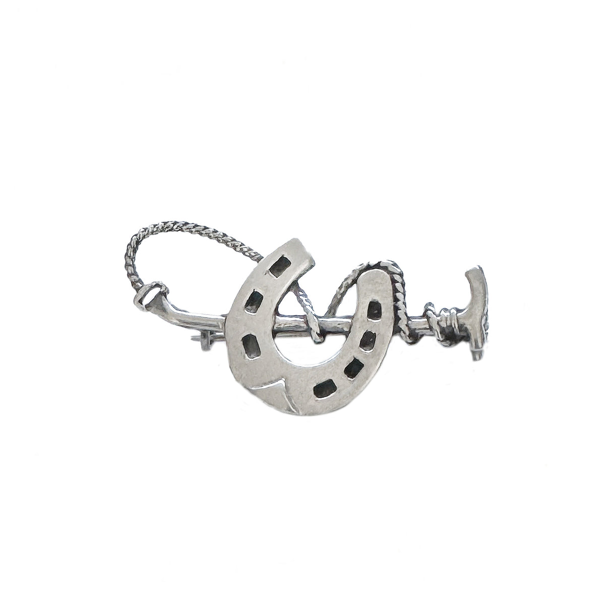 Silver horseshoe and rope design on a white background