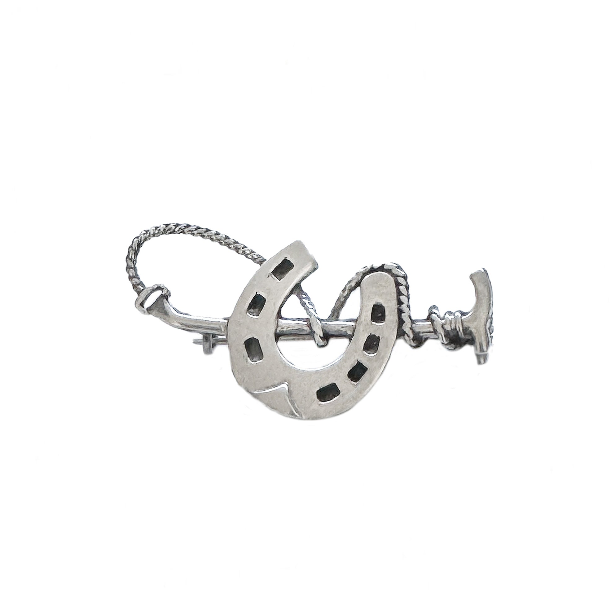 Silver horseshoe and rope design on a white background