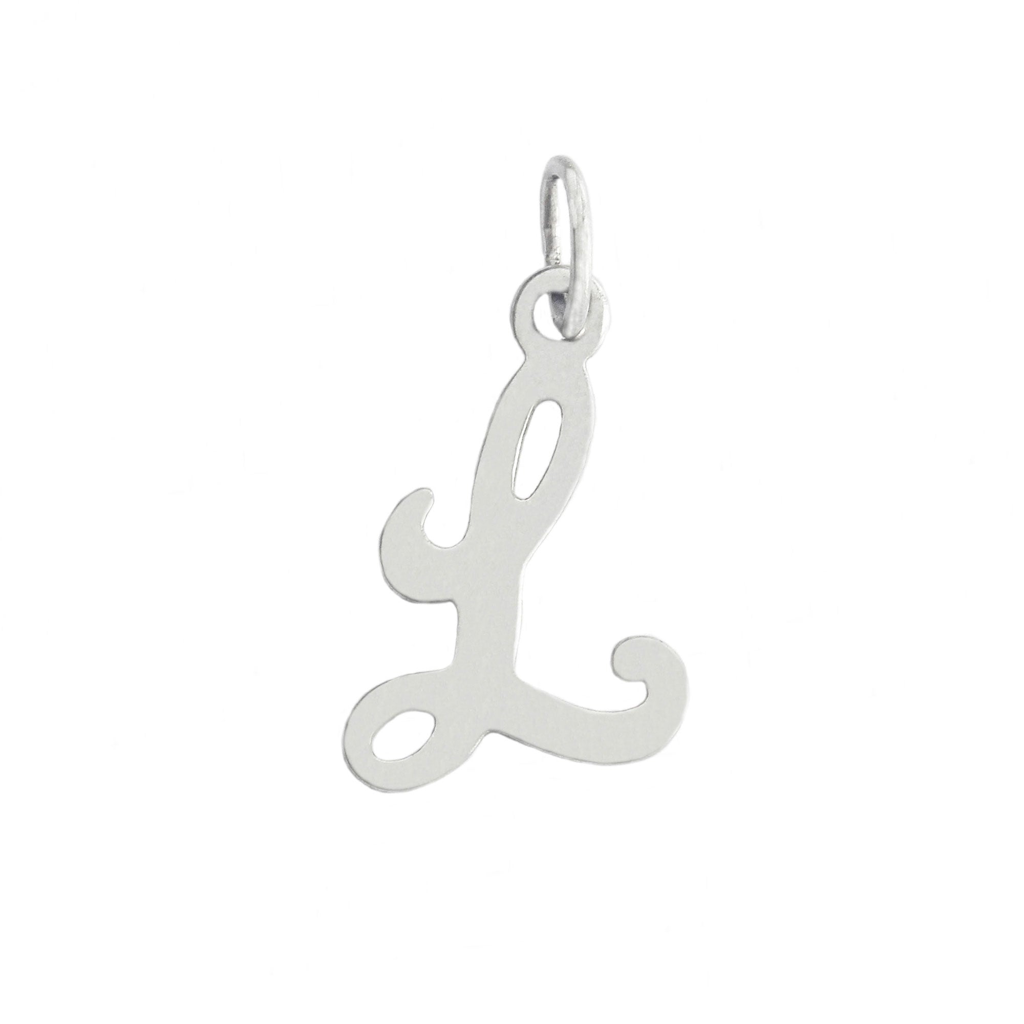 Silver letter 'L' pendant on a white background