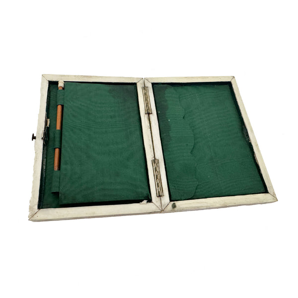 inside mother of pearl case green mesh on a white background