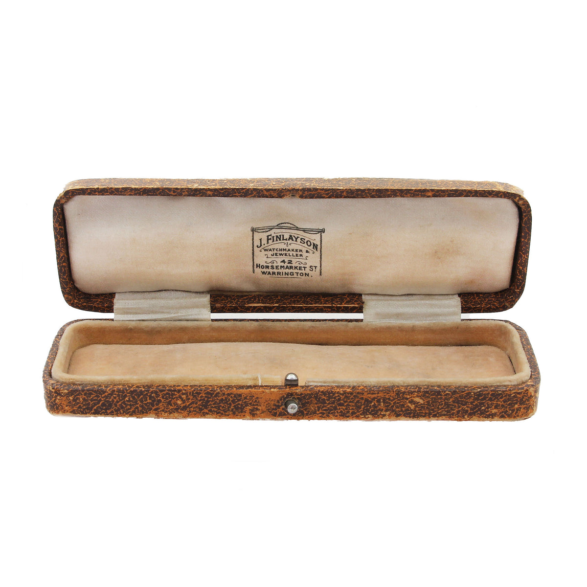 Open wooden jewelry box with visible brand label on a white background