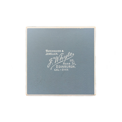 Blue jewelry box with white text on a white background
