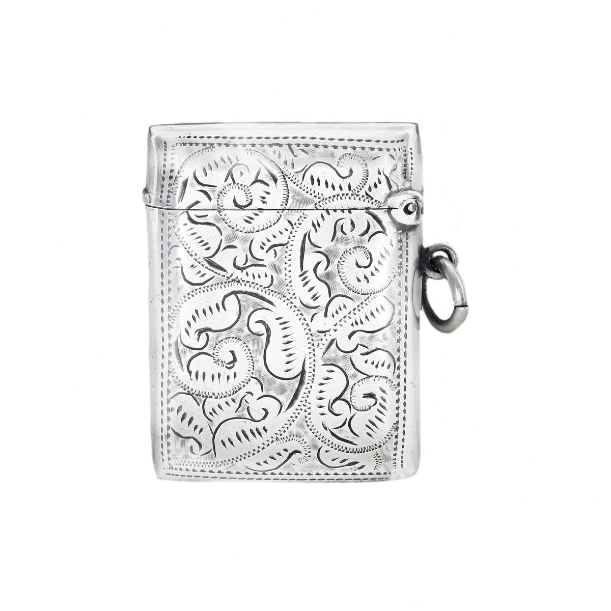 Silver embossed vesta match case on a white background