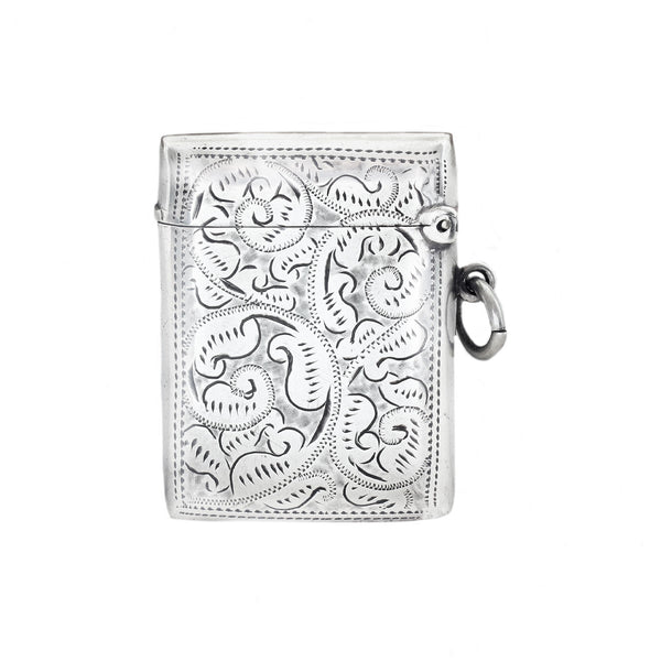 Silver embossed vesta match case on a white background