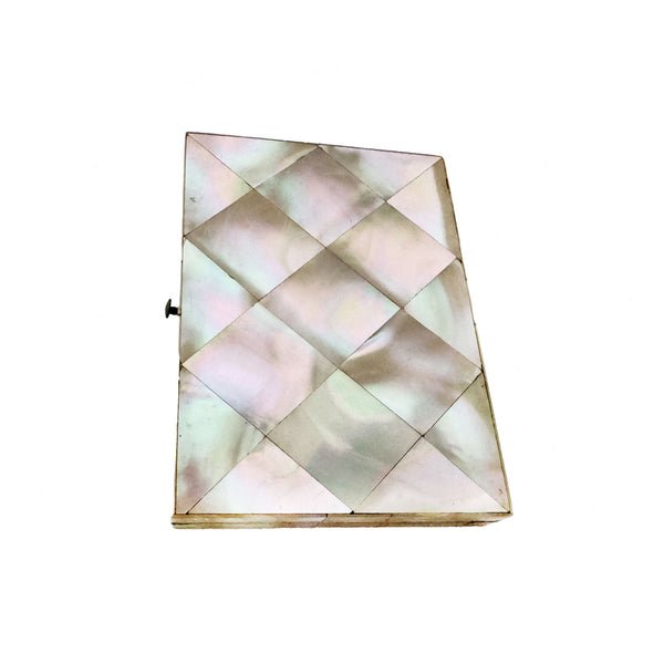 Decorative mother of pearl case with geometric pattern on a white background