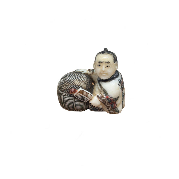 Rare Signed Japanese Figure With Harvest Basket Netsuke