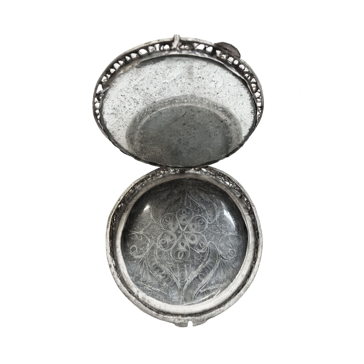 Vintage Filigree Openwork Silver Mirror Compact from 1930s-1950