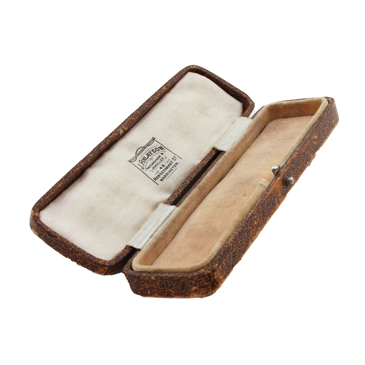 Open brown leather case with white interior on a white background