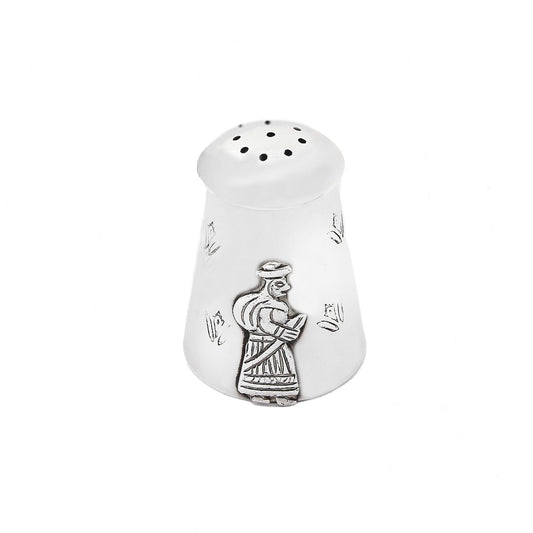 White pepper shaker with a decorative figure on a white background