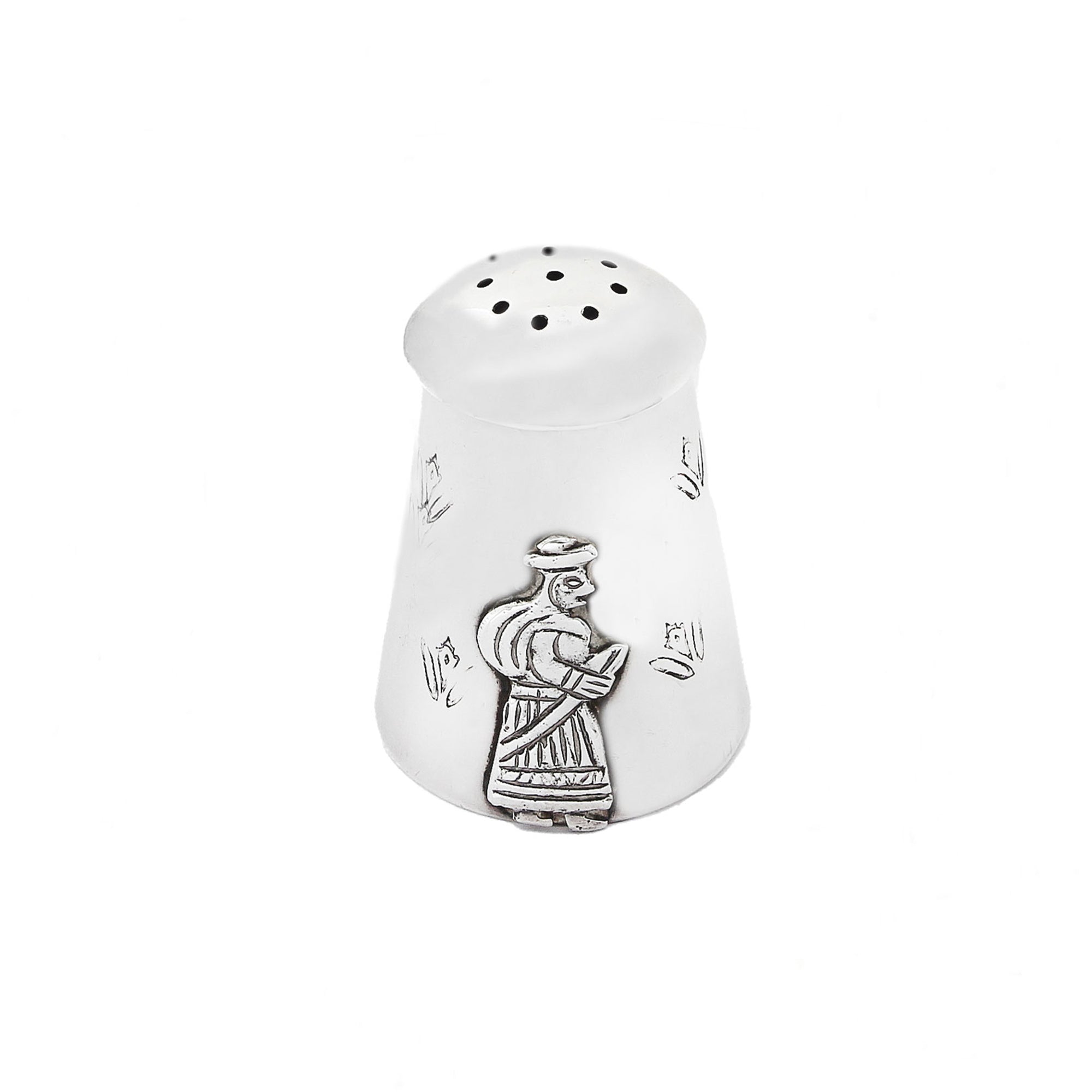 White pepper shaker with a decorative figure on a white background