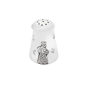 White pepper shaker with a decorative figure on a white background