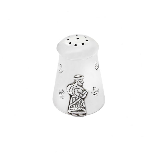 White pepper shaker with a decorative figure on a white background