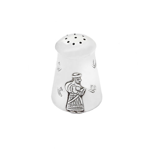 White pepper shaker with a decorative figure on a white background