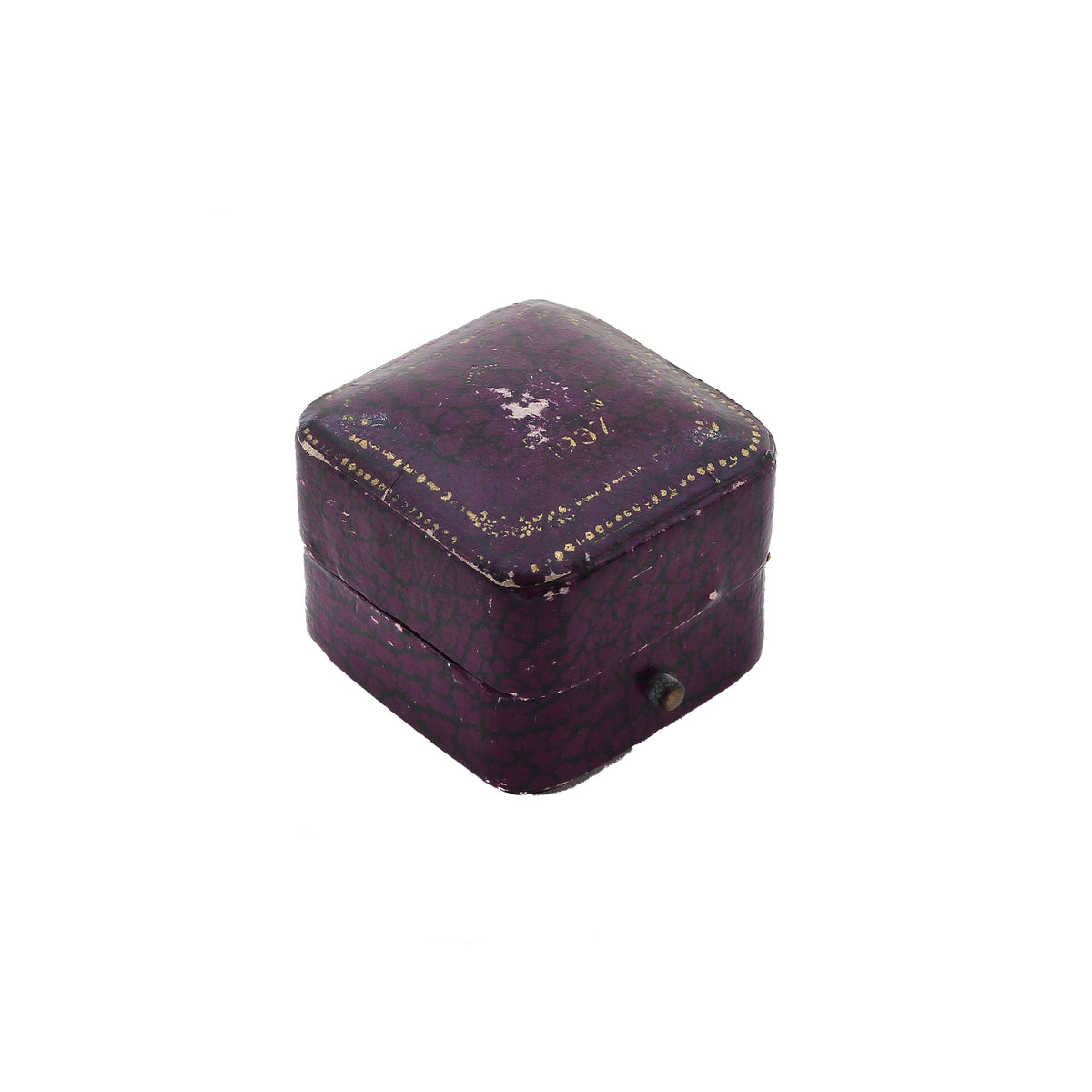 Small purple jewelry box with gold accents on a white background