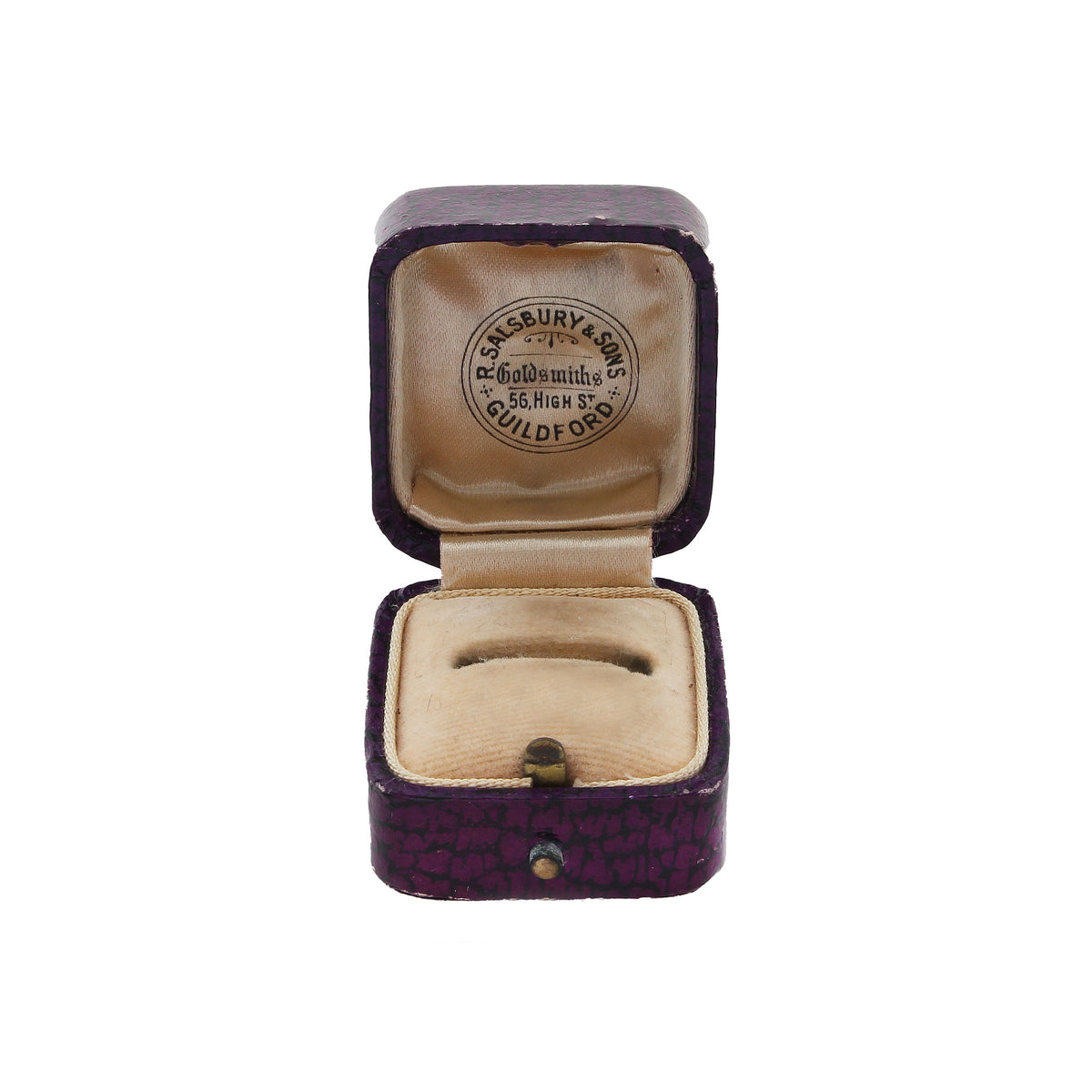 Open purple jewelry box with beige interior, featuring a brand logo on a white background