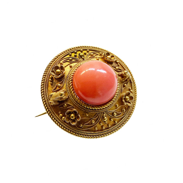 Victorian Coral Etruscan Revival Brooch By Casalta Circa 1860