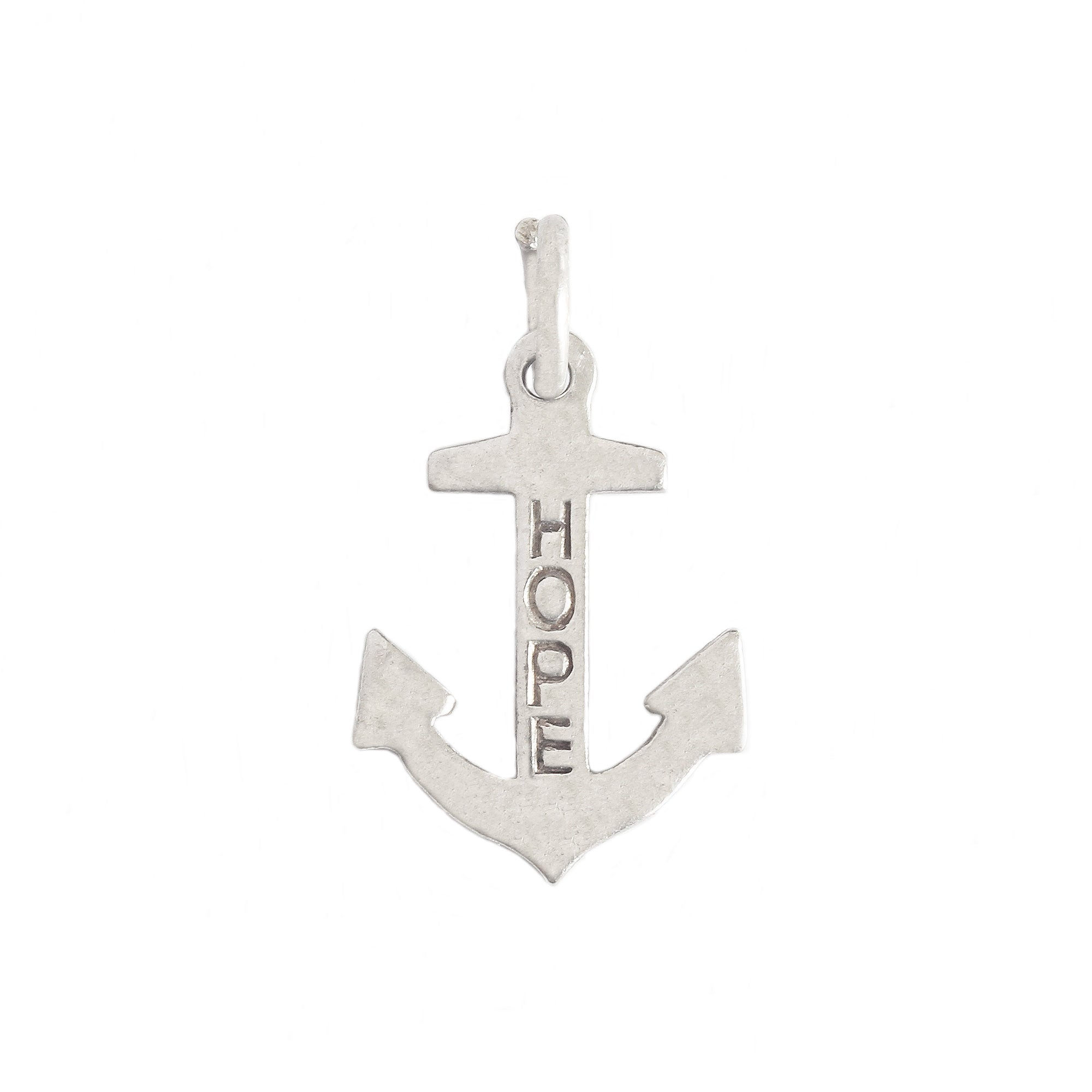 Silver anchor pendant with 'HOPE' engraved on a white background