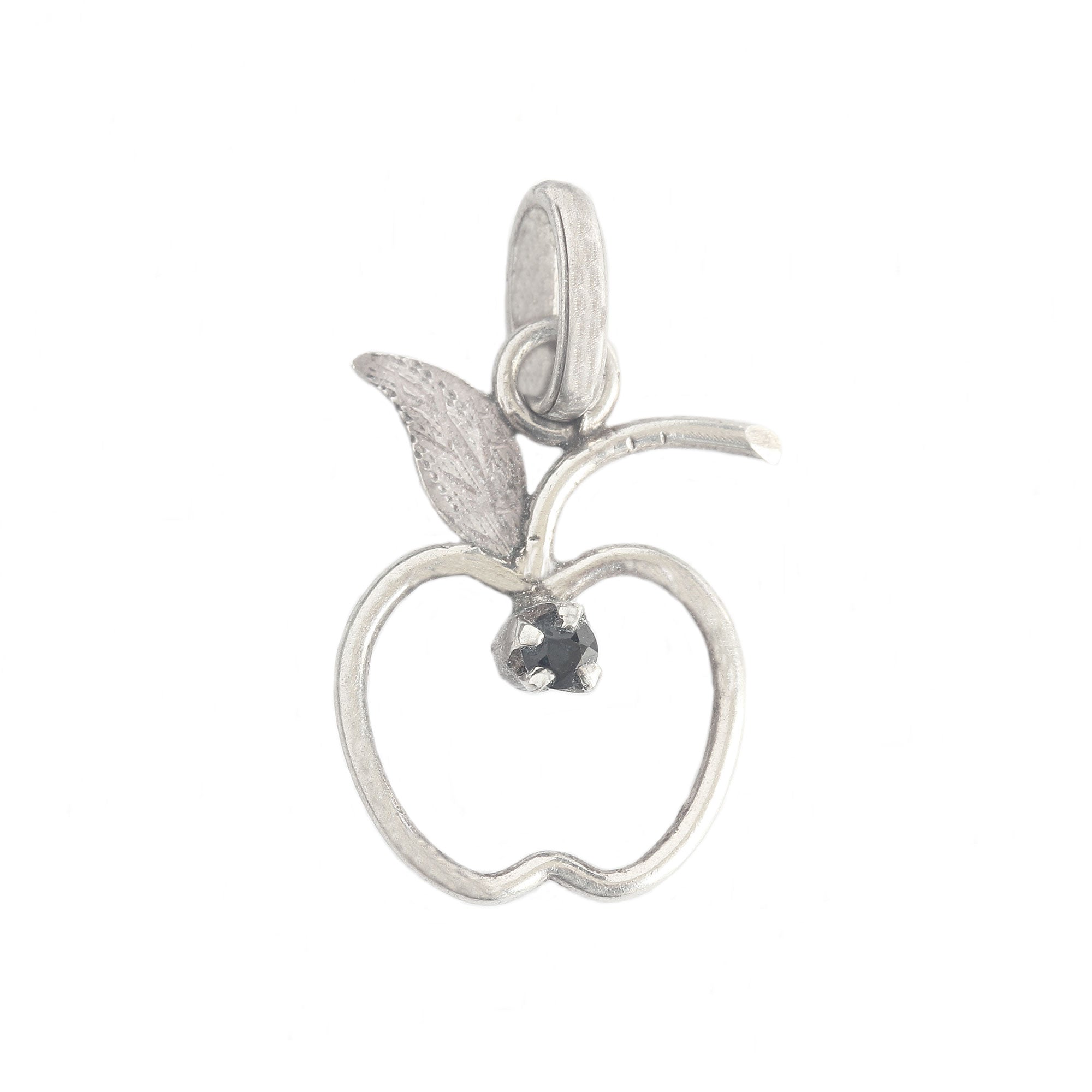 Silver apple pendant with a leaf on a white background
