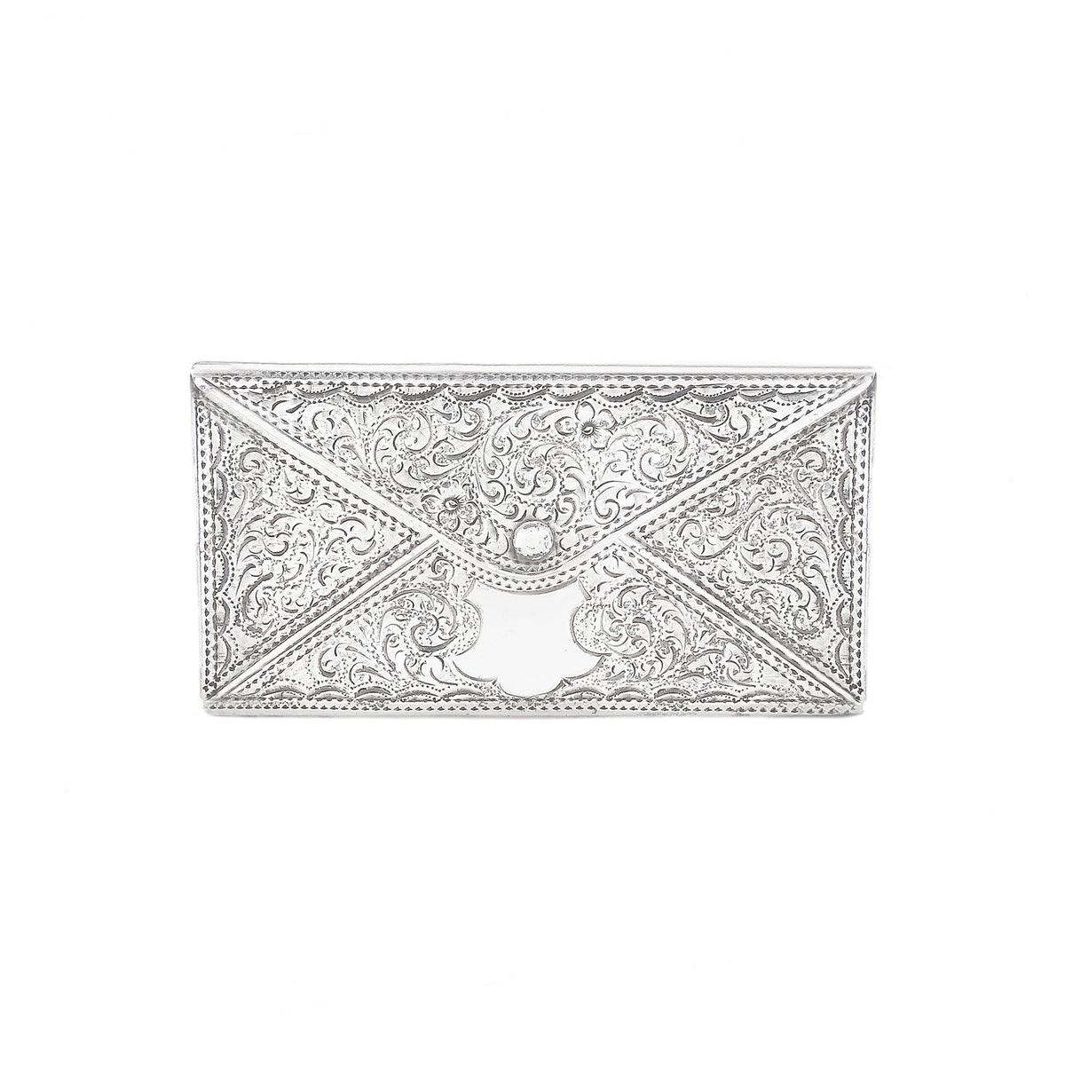 Decorative silver card case on a white background