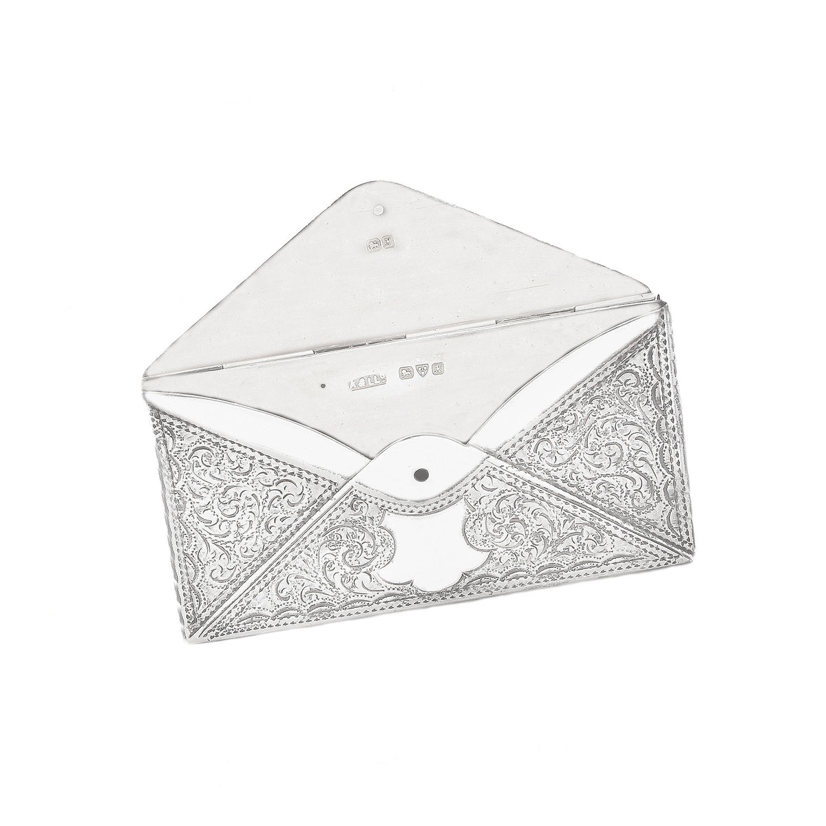 White card case with intricate silver pattern on a white background
