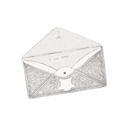 White card case with intricate silver pattern on a white background