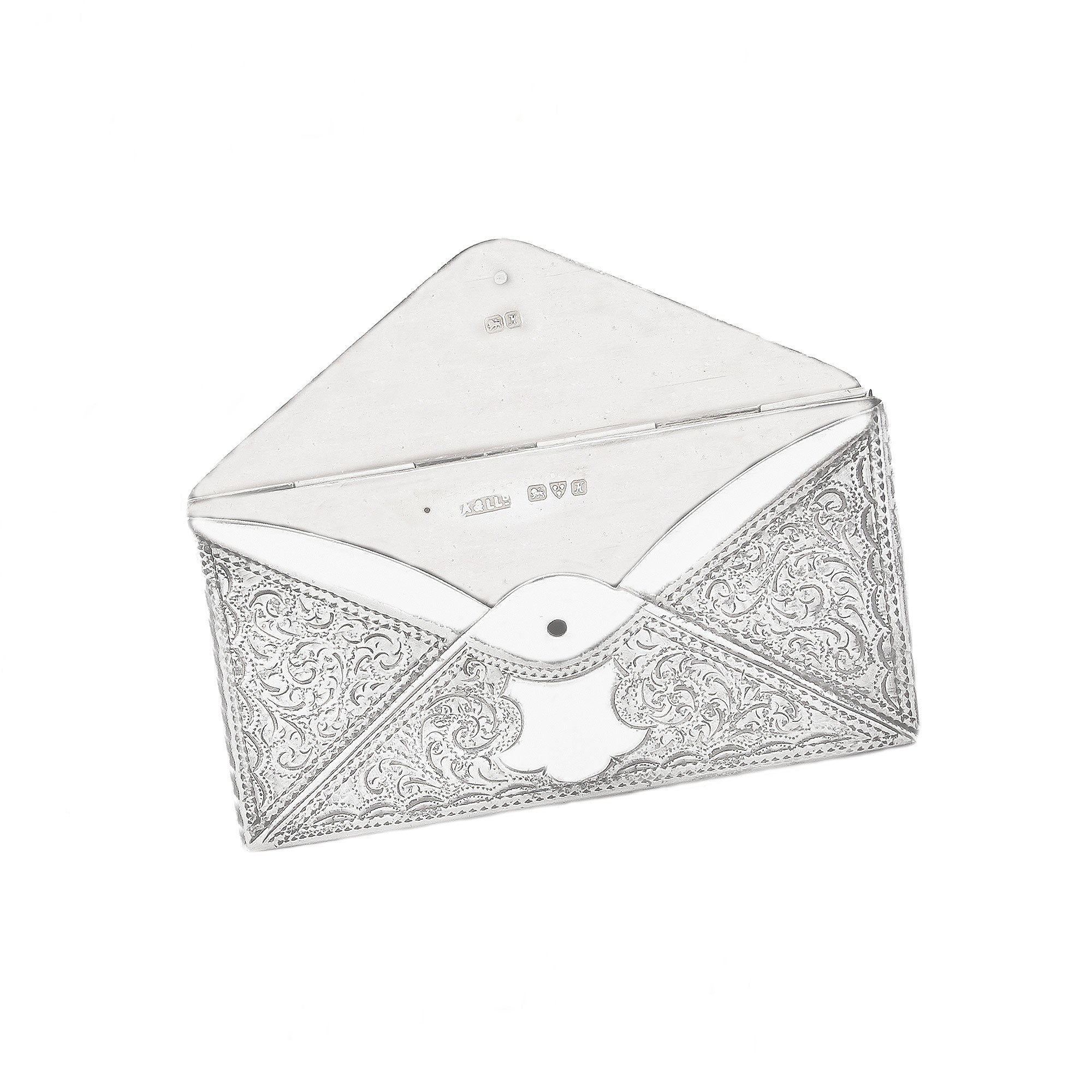 White card case with intricate silver pattern on a white background
