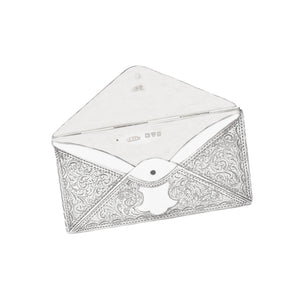 White card case with intricate silver pattern on a white background