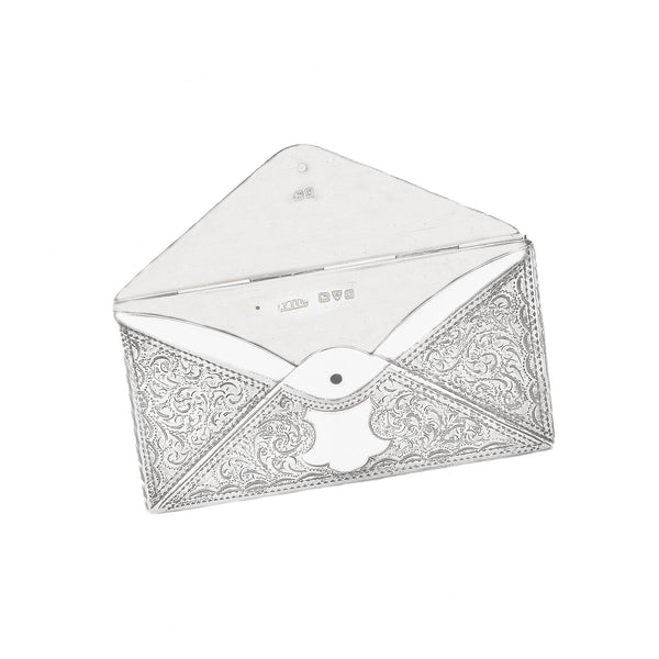 White card case with intricate silver pattern on a white background