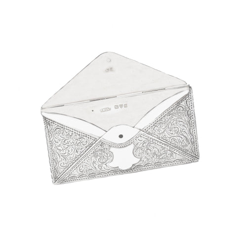 White card case with intricate silver pattern on a white background