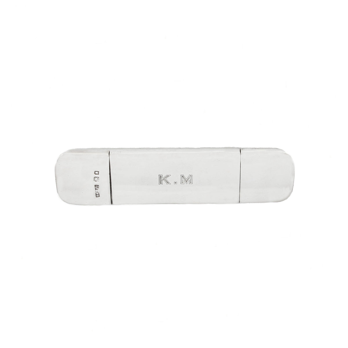 White curved silver case with 'K.M' branding on a white background