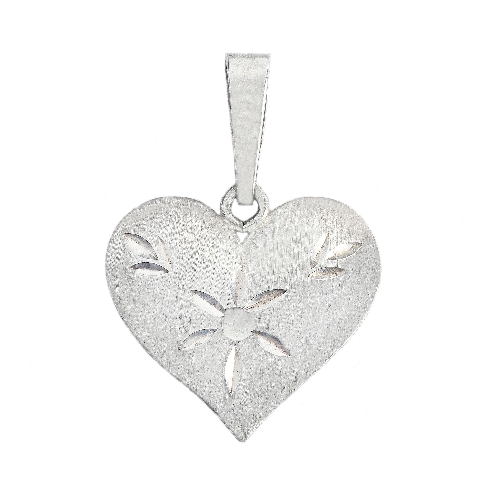 Silver heart-shaped pendant with floral cutouts on a white background