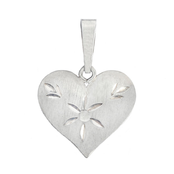 Silver heart-shaped pendant with floral cutouts on a white background