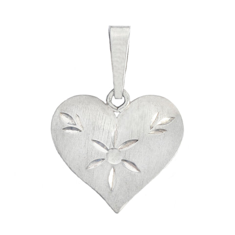 Silver heart-shaped pendant with floral cutouts on a white background