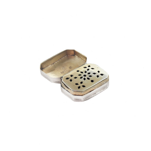 Silver box with a decorative lid on a white background