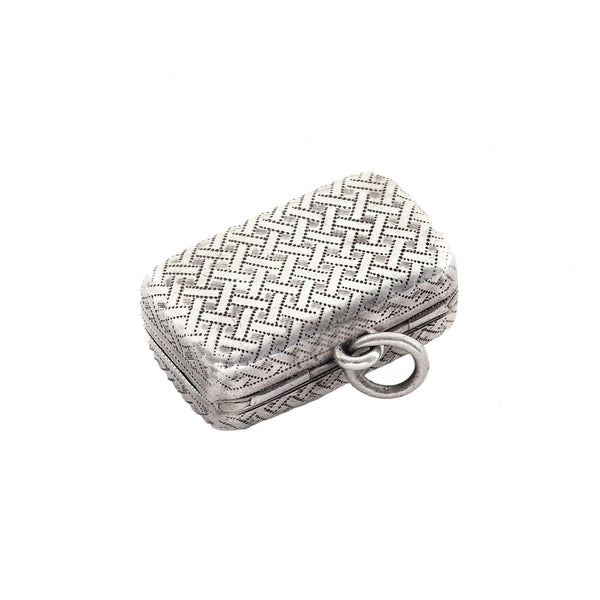 Silver box with a herringbone pattern on a white background