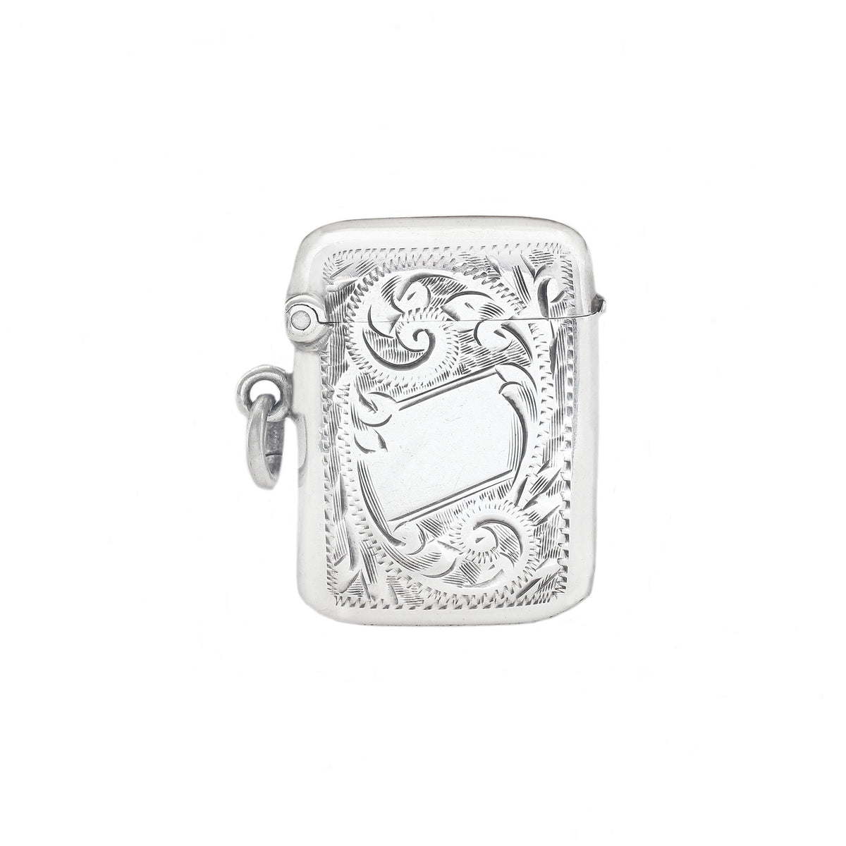 Silver engraved vesta on a white background