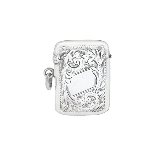 Silver engraved vesta on a white background